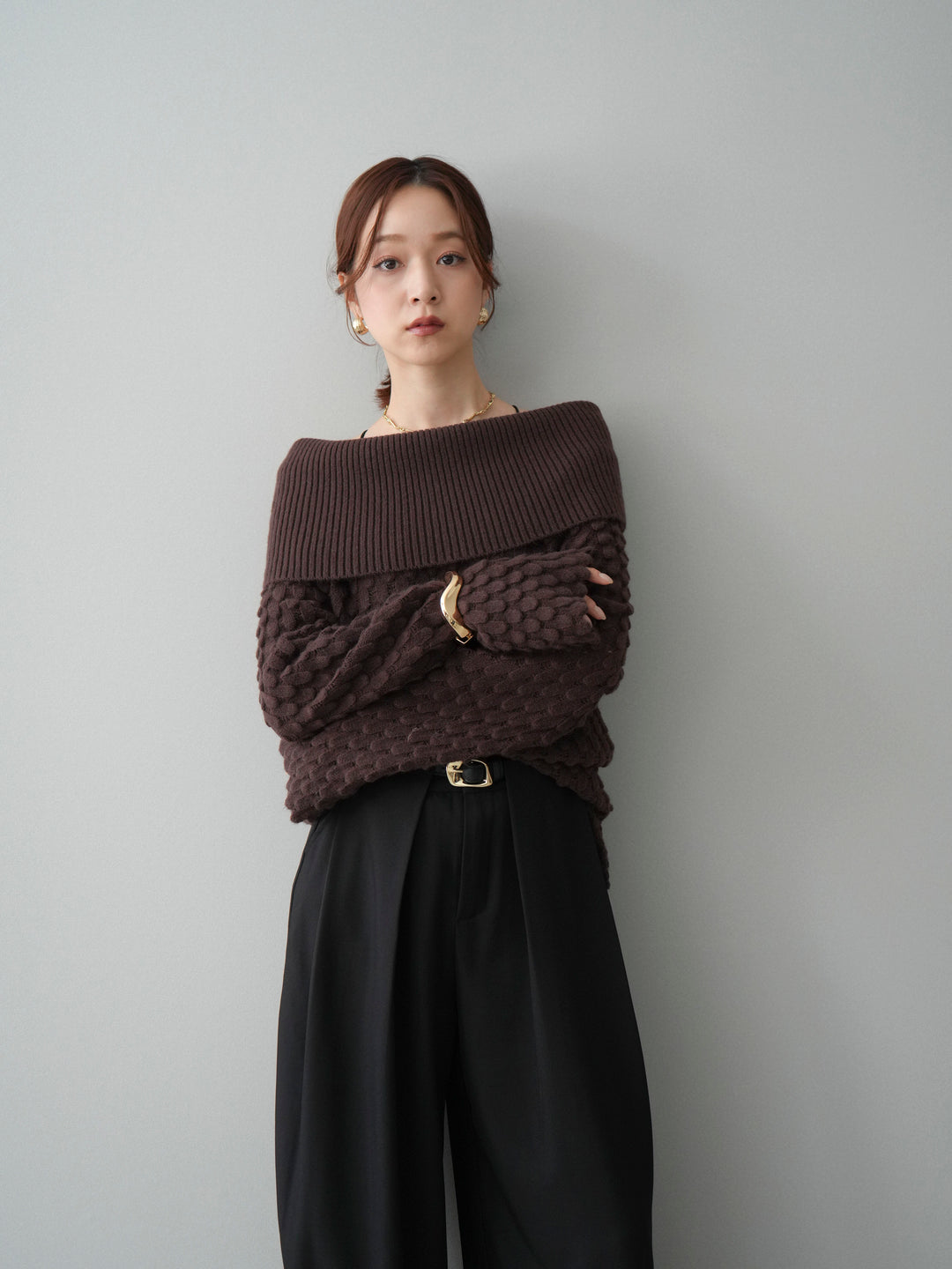 [SET]ポコポコ編みオフショルニットプルオーバー+ベルトループデザインワイドパンツ(2set)