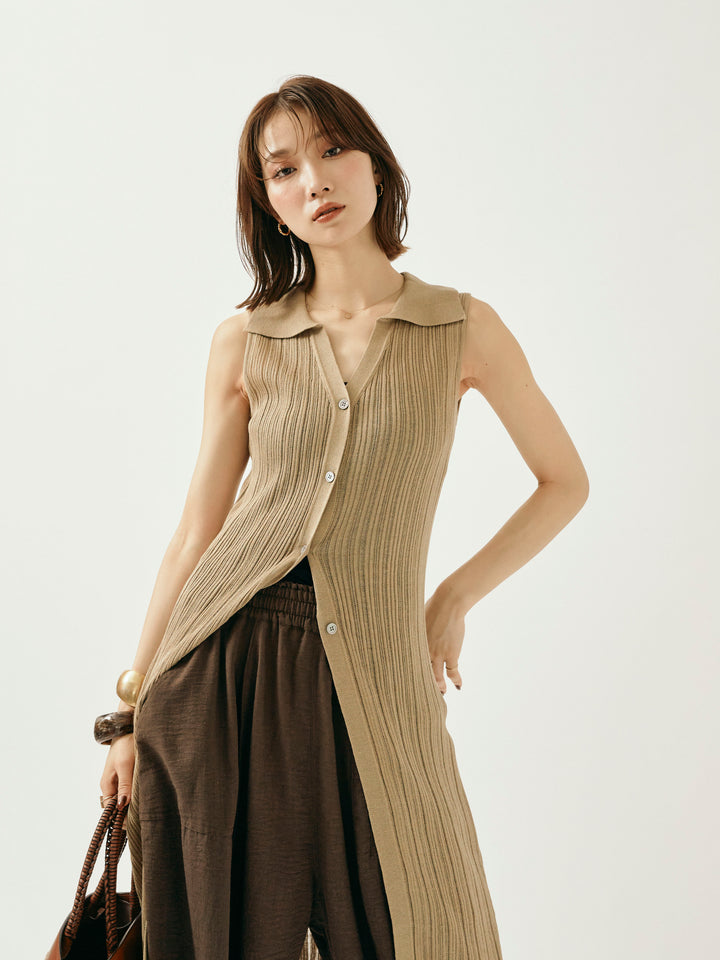 [予約]襟付きランダムリブロングニットカーディガン/ベージュ