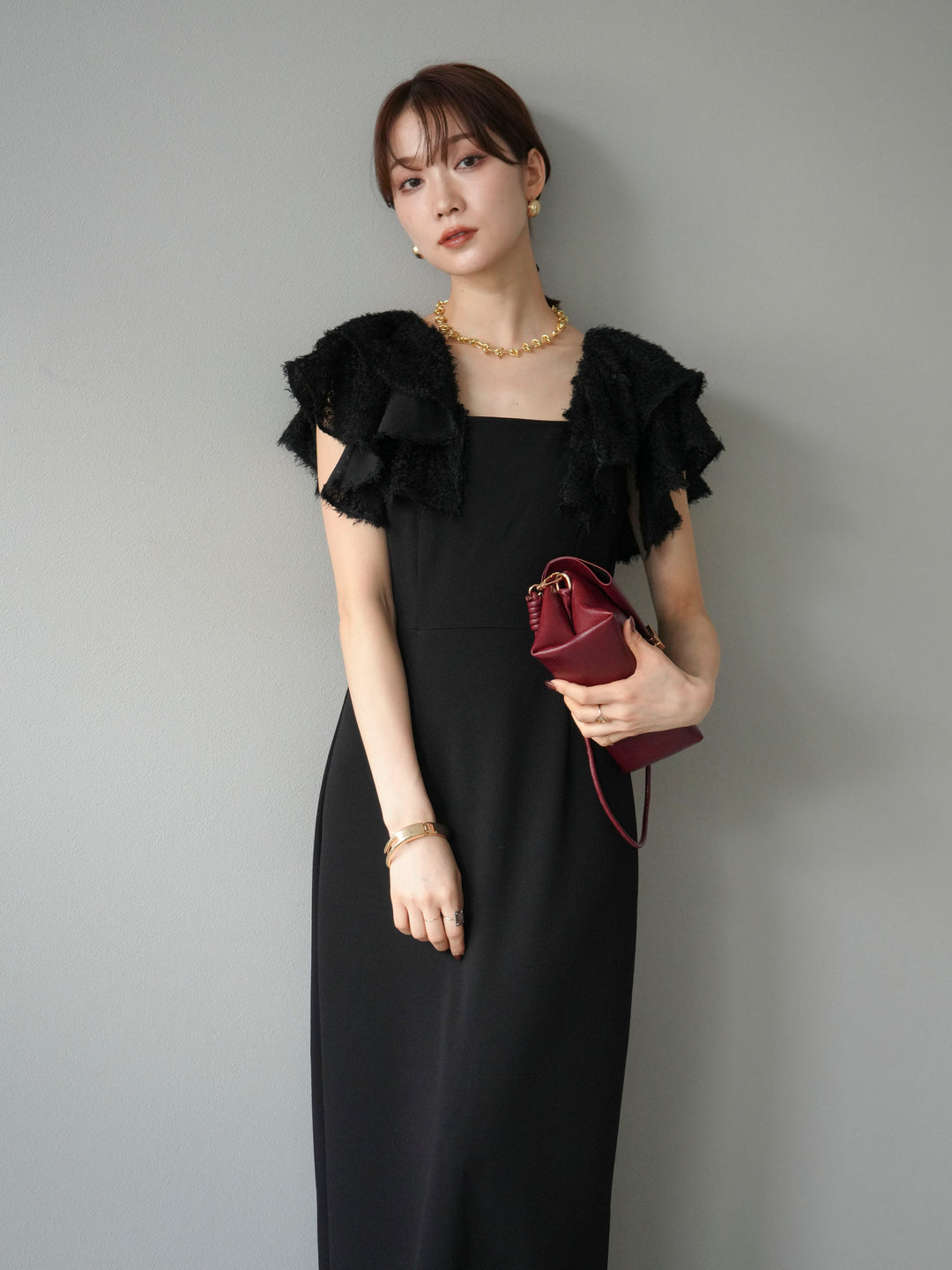 [予約]ジャガードフレアスリーブドレス/ブラック