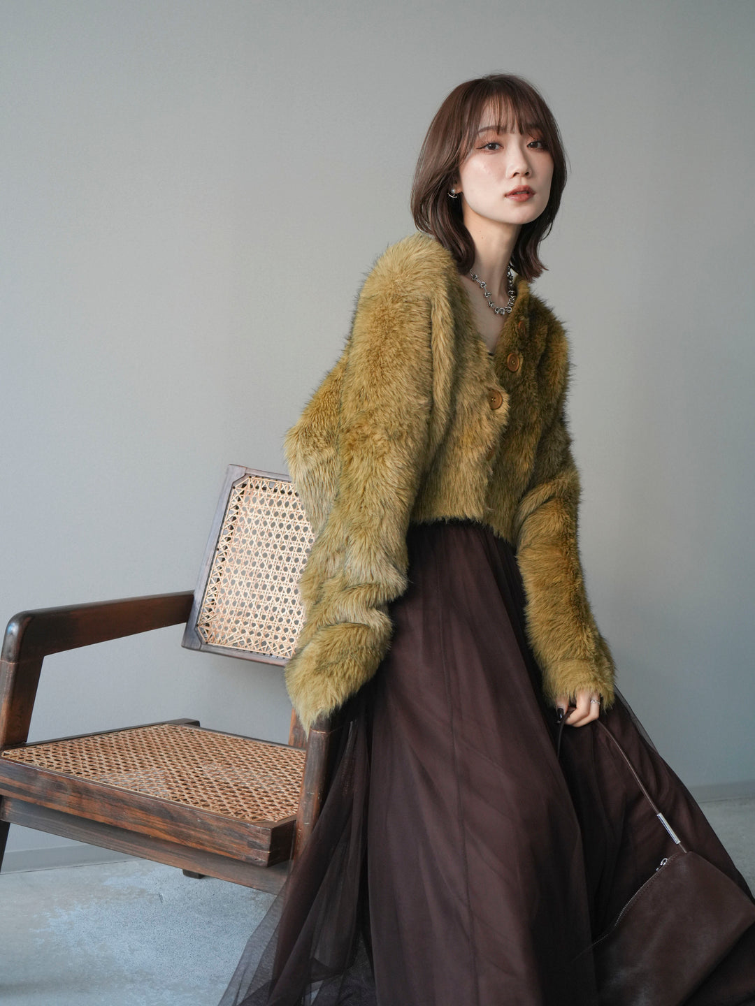 [予約]ミックスシャギーショートニットカーディガン/green