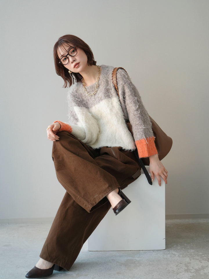 [SET]バイカラーモヘアタッチニットプルオーバー+コットンタックループパンツ(2set)