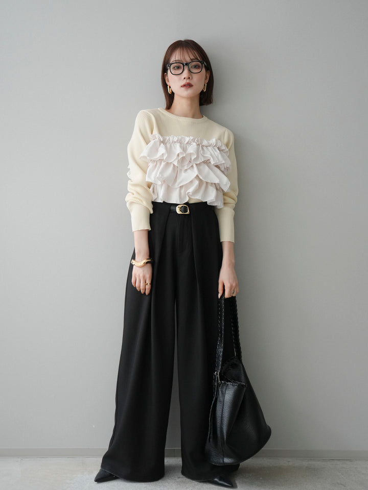 [SET]フリルビスチェドッキングスポンジニットプルオーバー+ベルトループデザインワイドパンツ(2set)
