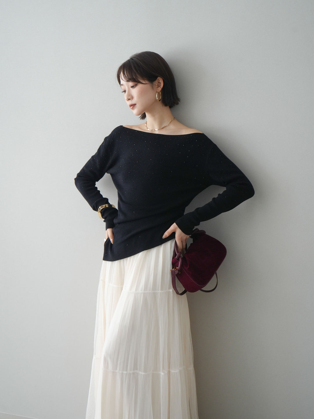 [予約]ラインストーンアシンメトリーニットトップス/black