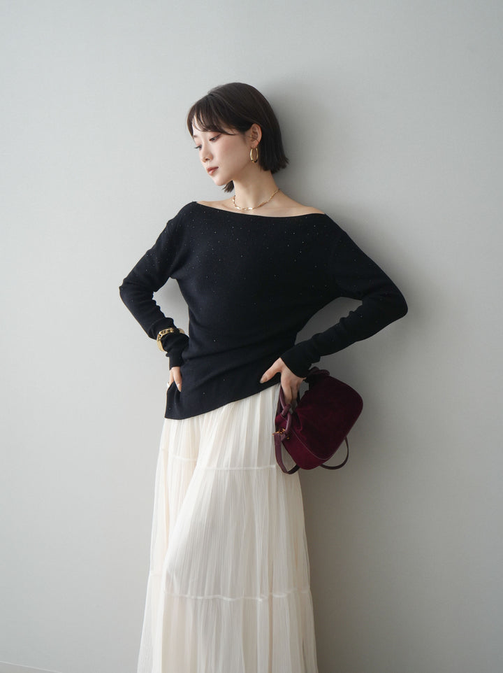 [予約]ラインストーンアシンメトリーニットトップス/black