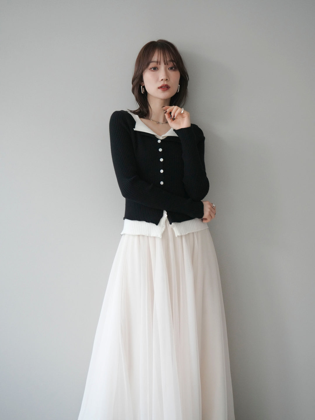 [予約]配色レイヤードリブニットカーディガン/black