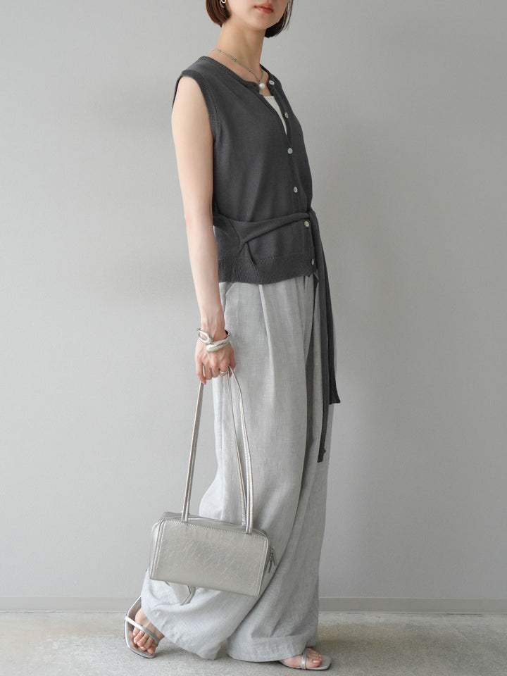 [予約]リネンライクベルト付タックループワイドパンツ/ライトグレー
