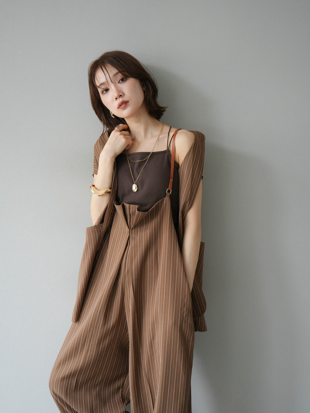 [SET]ヘリンボーンストライプジレ+ヘリンボーンストライプサロペット(2set)