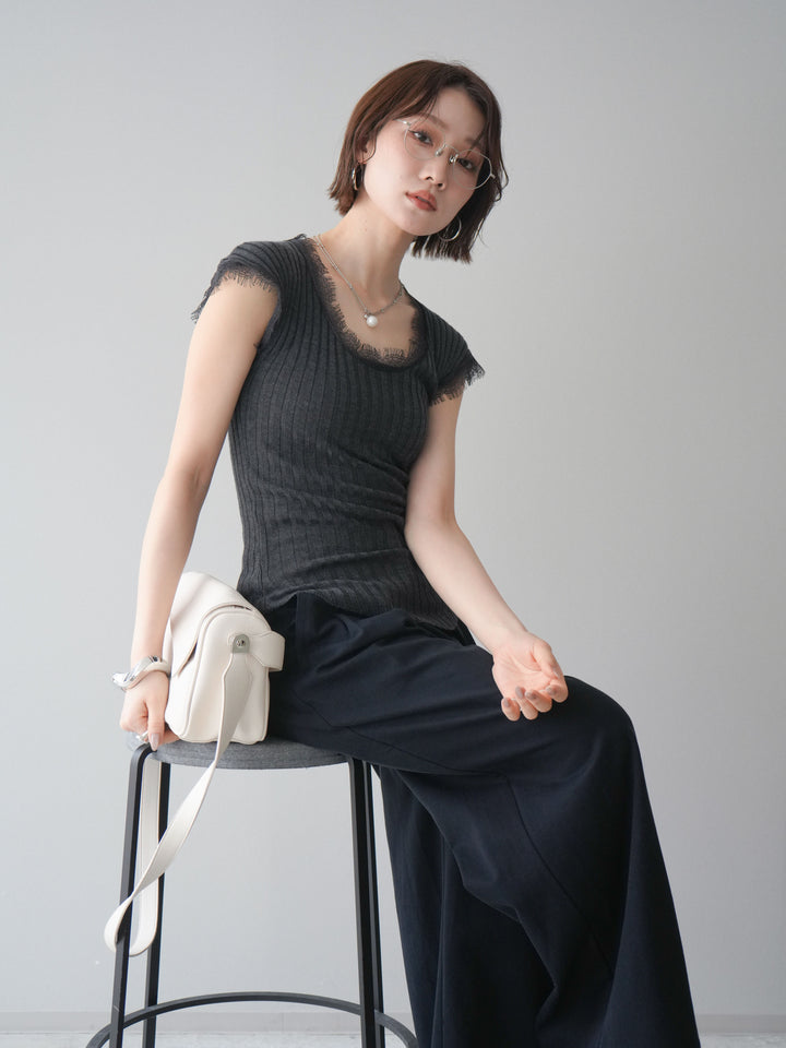 [予約]レーストリムリブニットトップス/charcoal