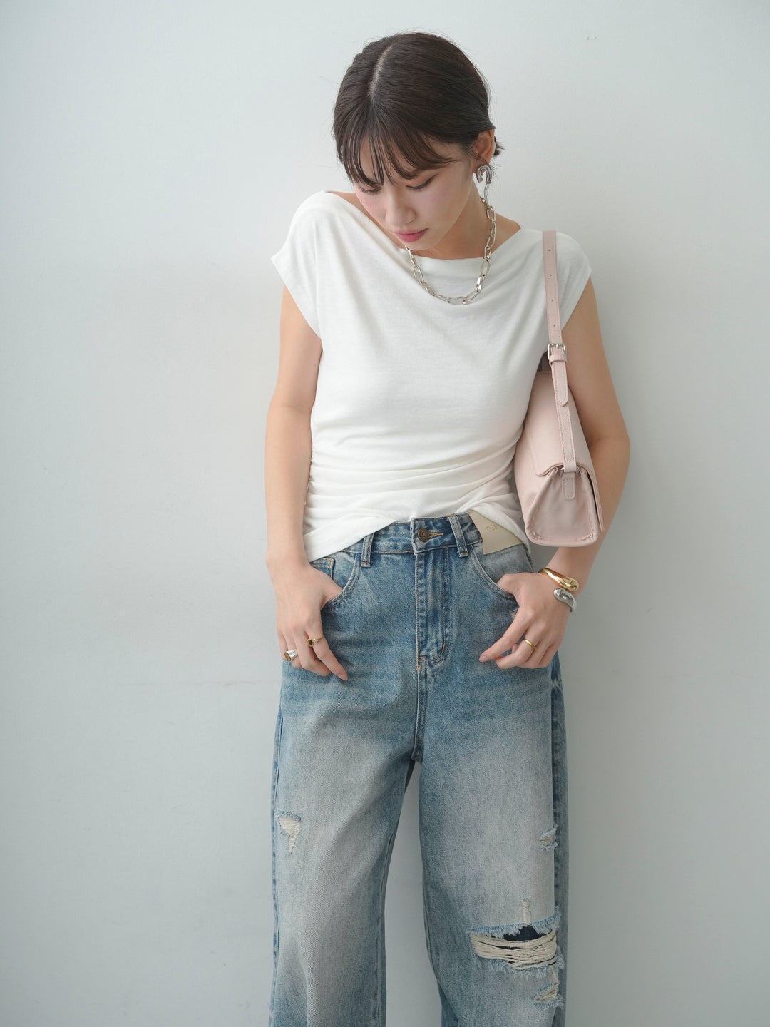 [予約]アシメギャザーカットソー/white
