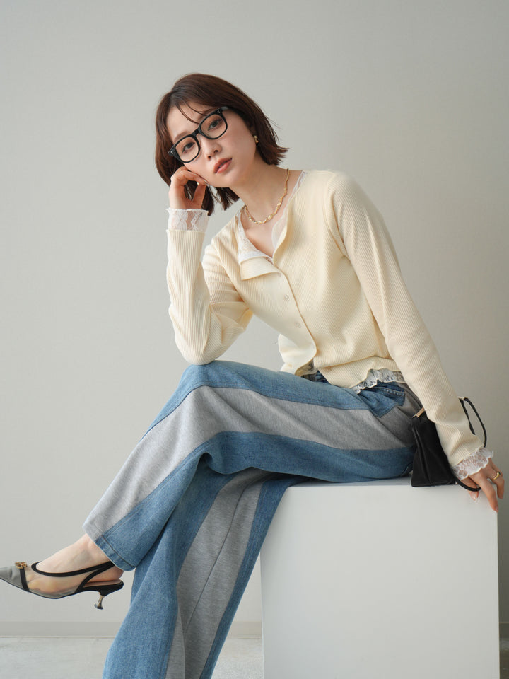 [SET]レースドッキングテレコリブカーディガン+選べるアクセセット(2set)