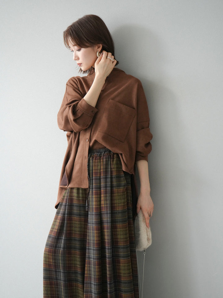 [SET]スエードバンドカラーオーバーシャツ+シアーチェックバギーパンツ(2set)