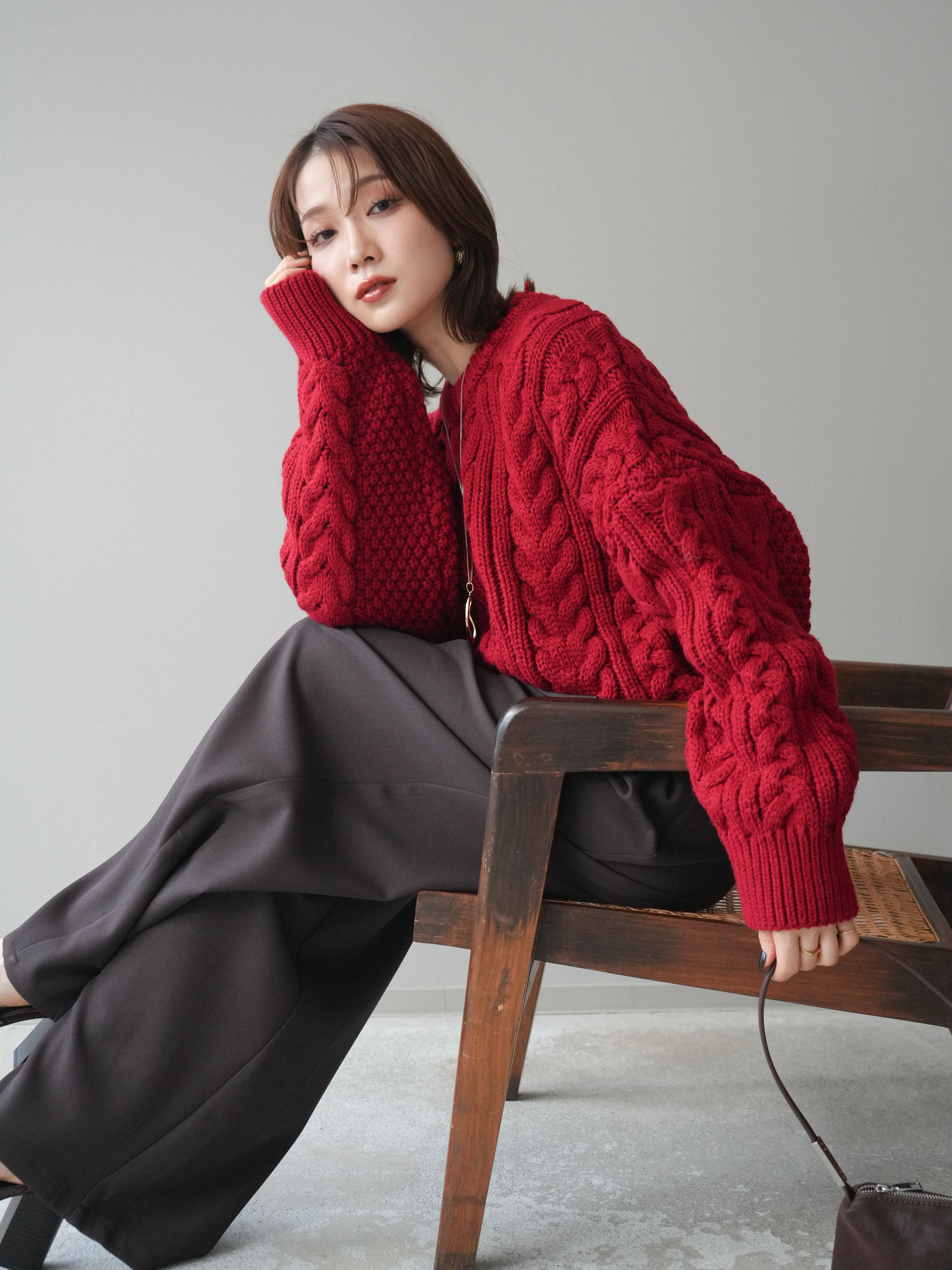 SET]ボリュームケーブルニットプルオーバー+ベルトループデザイン