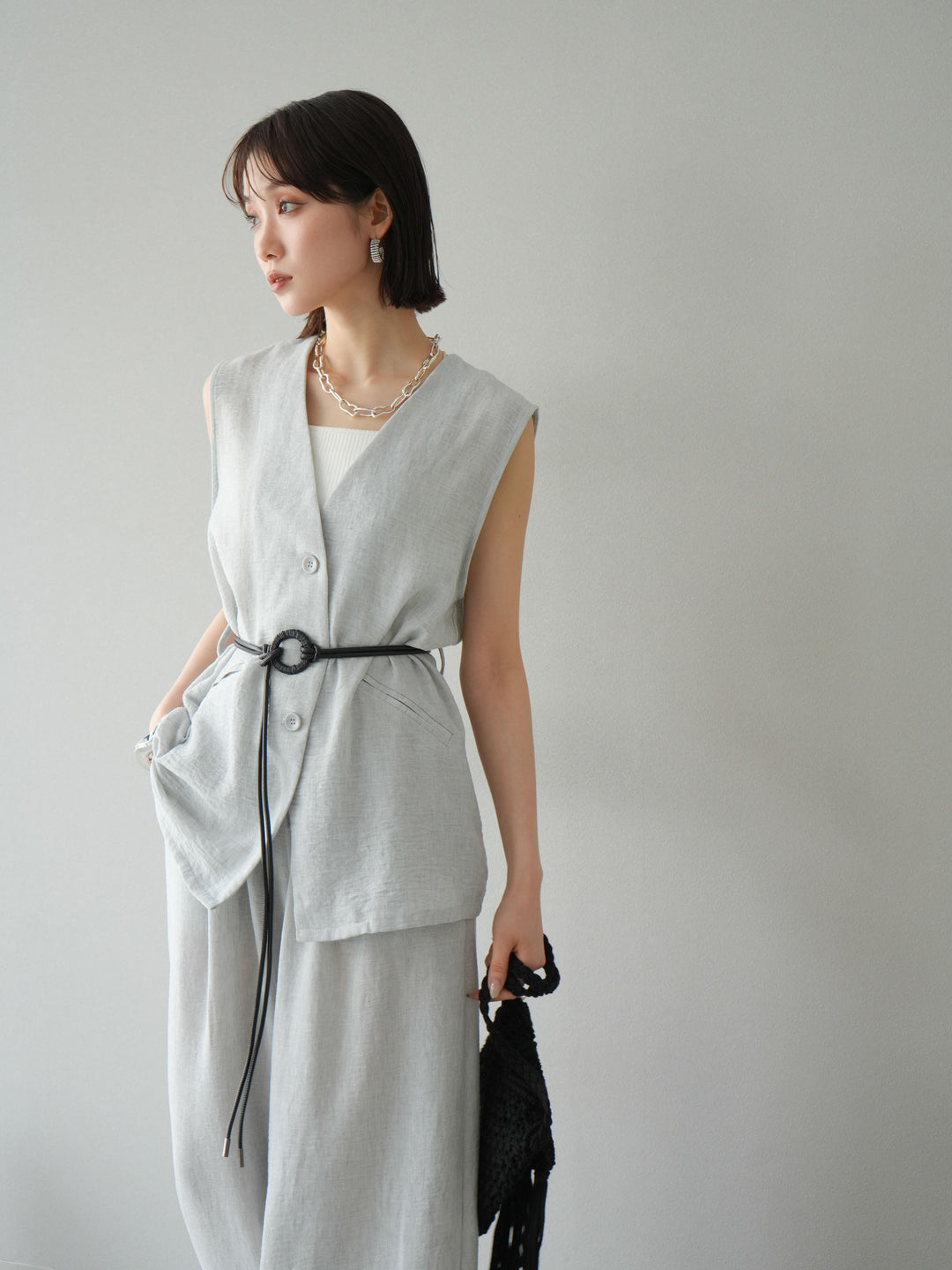 [SET]ベルト付リネンタッチベスト＆ワイドパンツSET UP(2set)