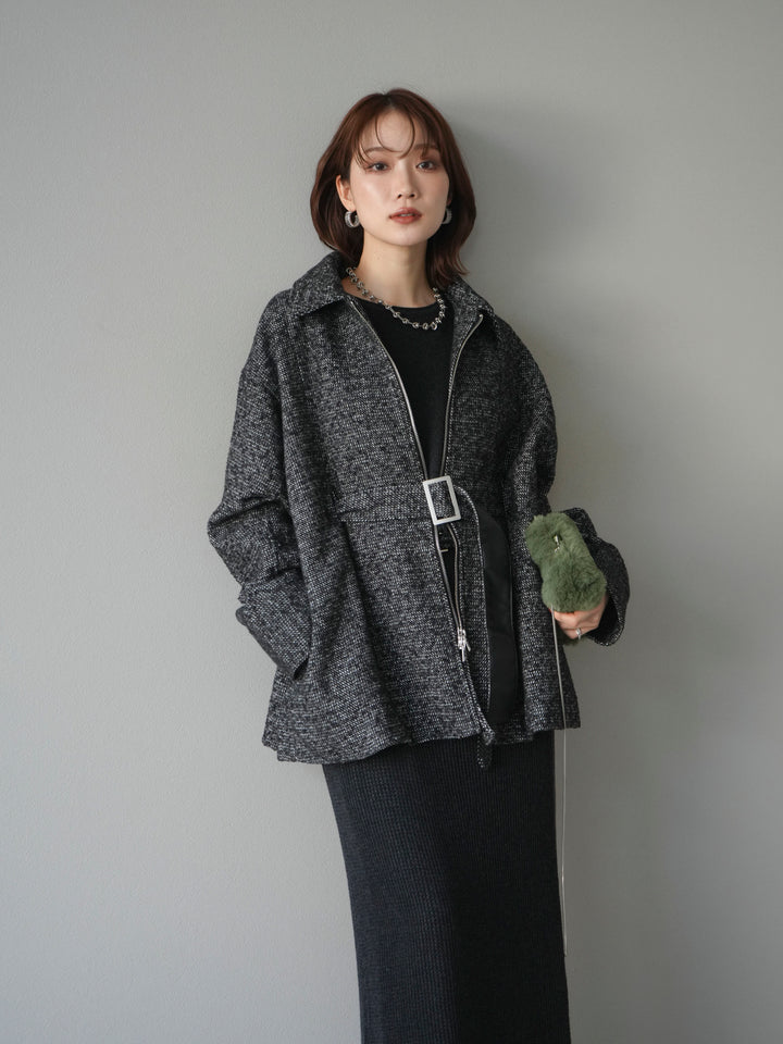 [予約]メッシュ切替ノースリーニットワンピース/darkgray