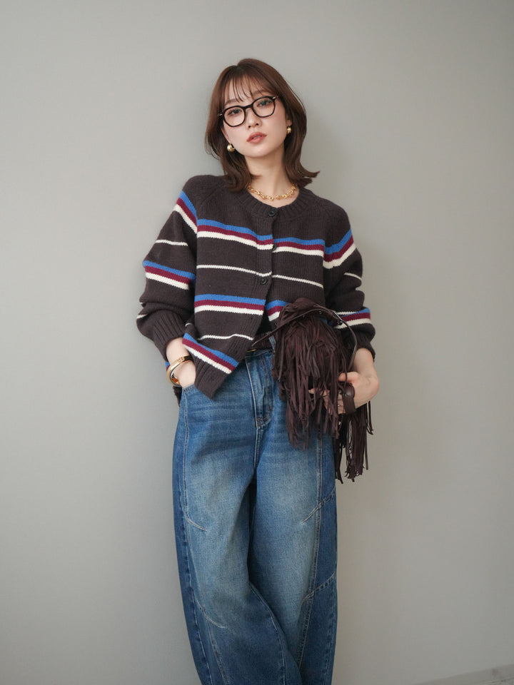 [予約]ランダムボーダーニットカーディガン/brown