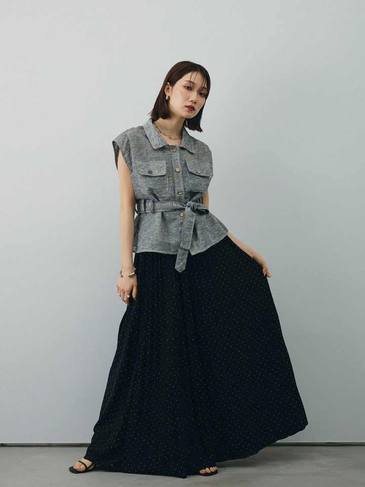 [SET]ミックスヤーンメッシュブラウス+ラインストーンプリーツスカート(2set)