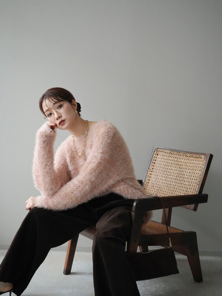 [予約]ミックスシャギールーズニットプルオーバー/pink