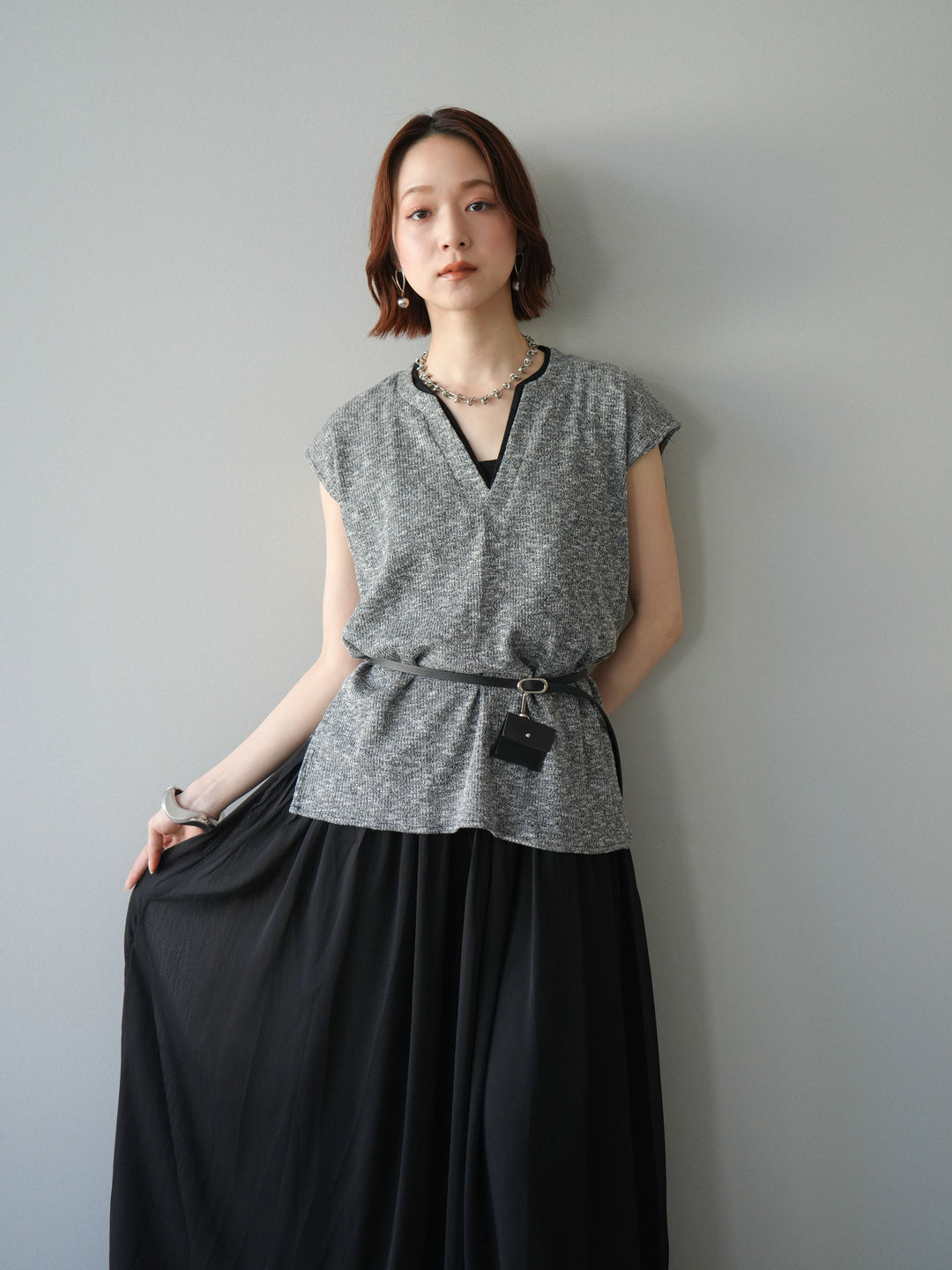 [予約]ベルト付シフォンコンビジャージワンピース/black