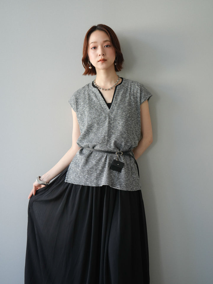 [予約]ベルト付シフォンコンビジャージワンピース/black