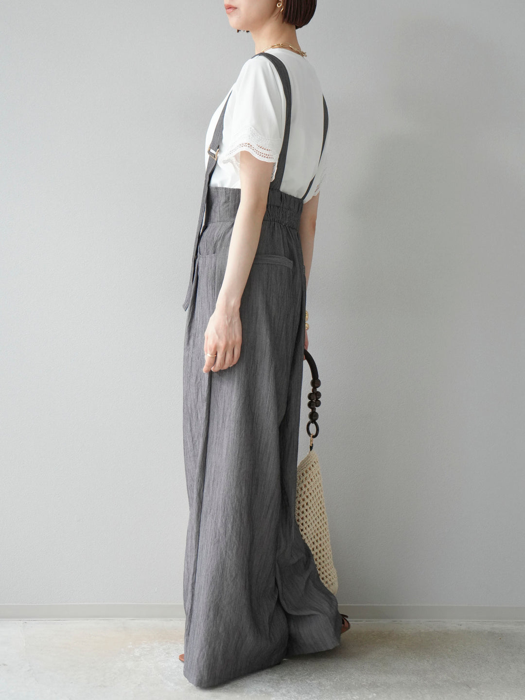 [予約]ストリングデザインハイウエストサロペット/チャコール