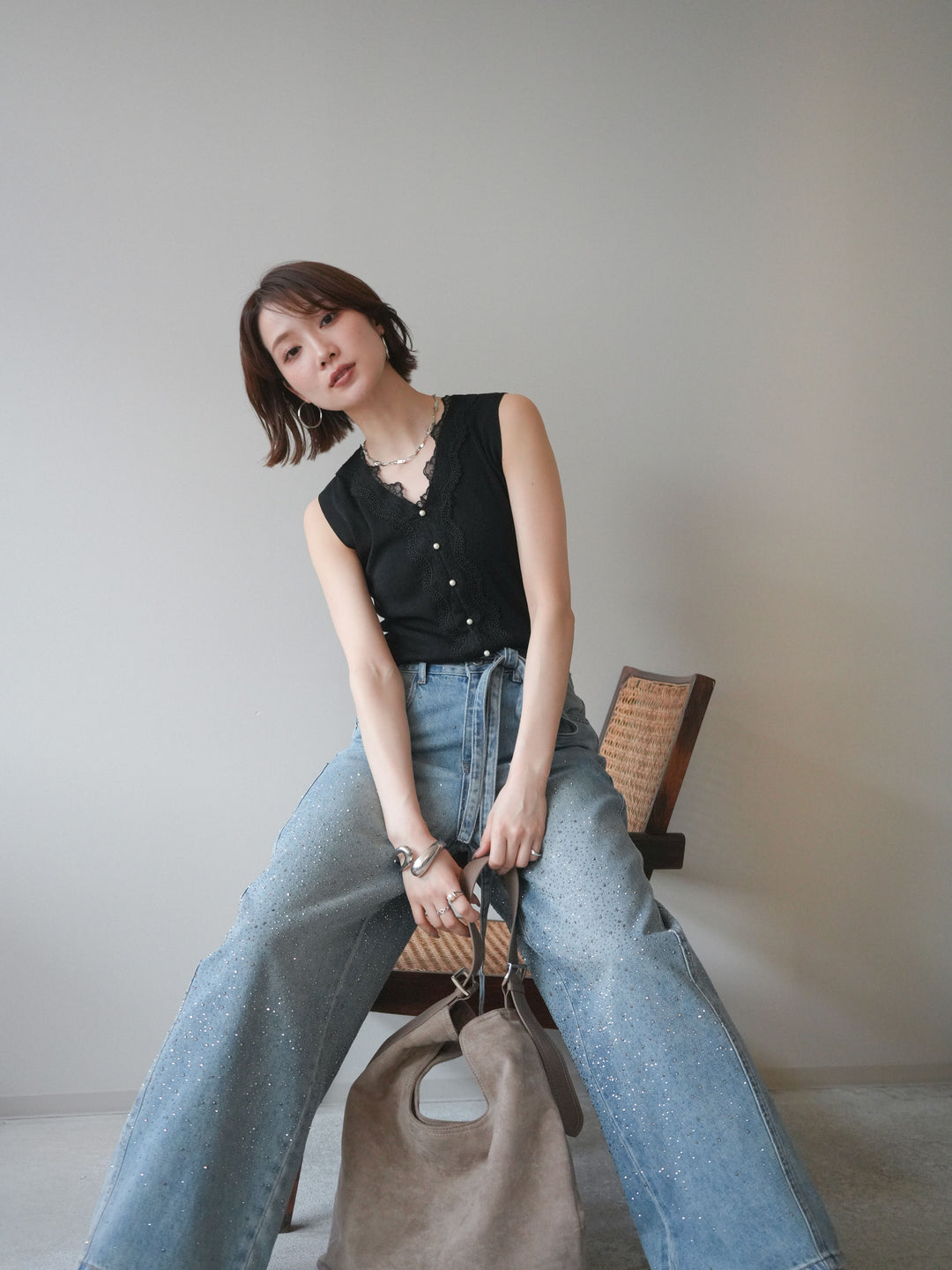 [予約]パールボタンニットタンクトップ/black