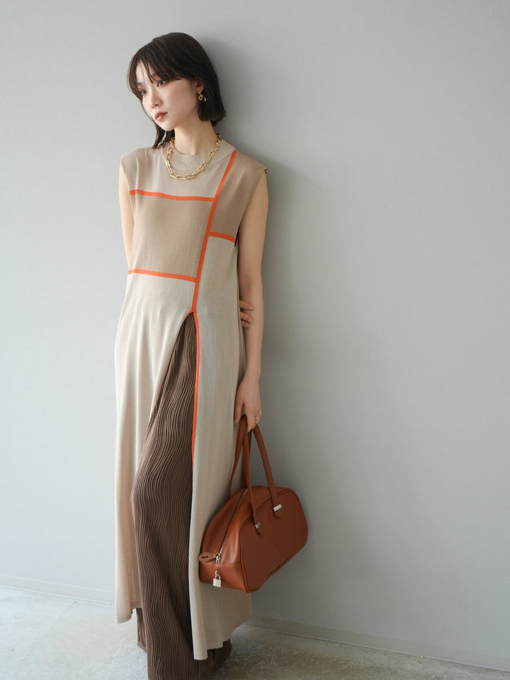 [SET] 配色開衩針織洋裝 + 波浪滾邊休閒褲 (2件套)