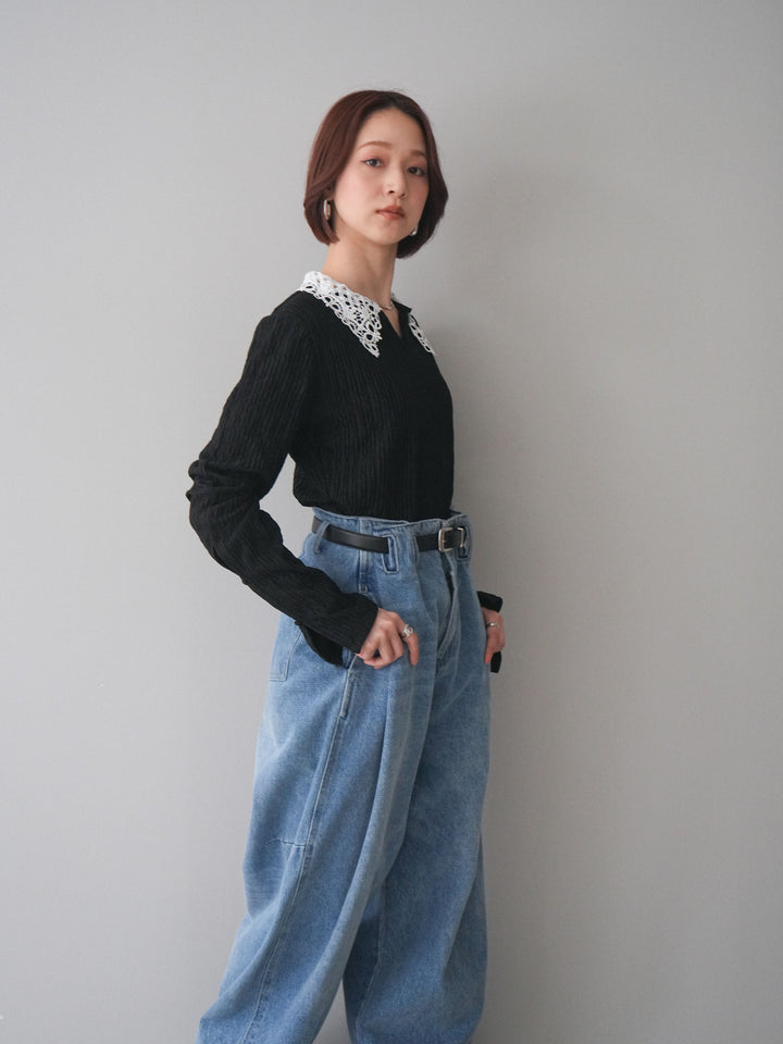 [SET]袖スリットレースカラートップス+ハイウエストベルトループデザインデニムパンツ(2set)