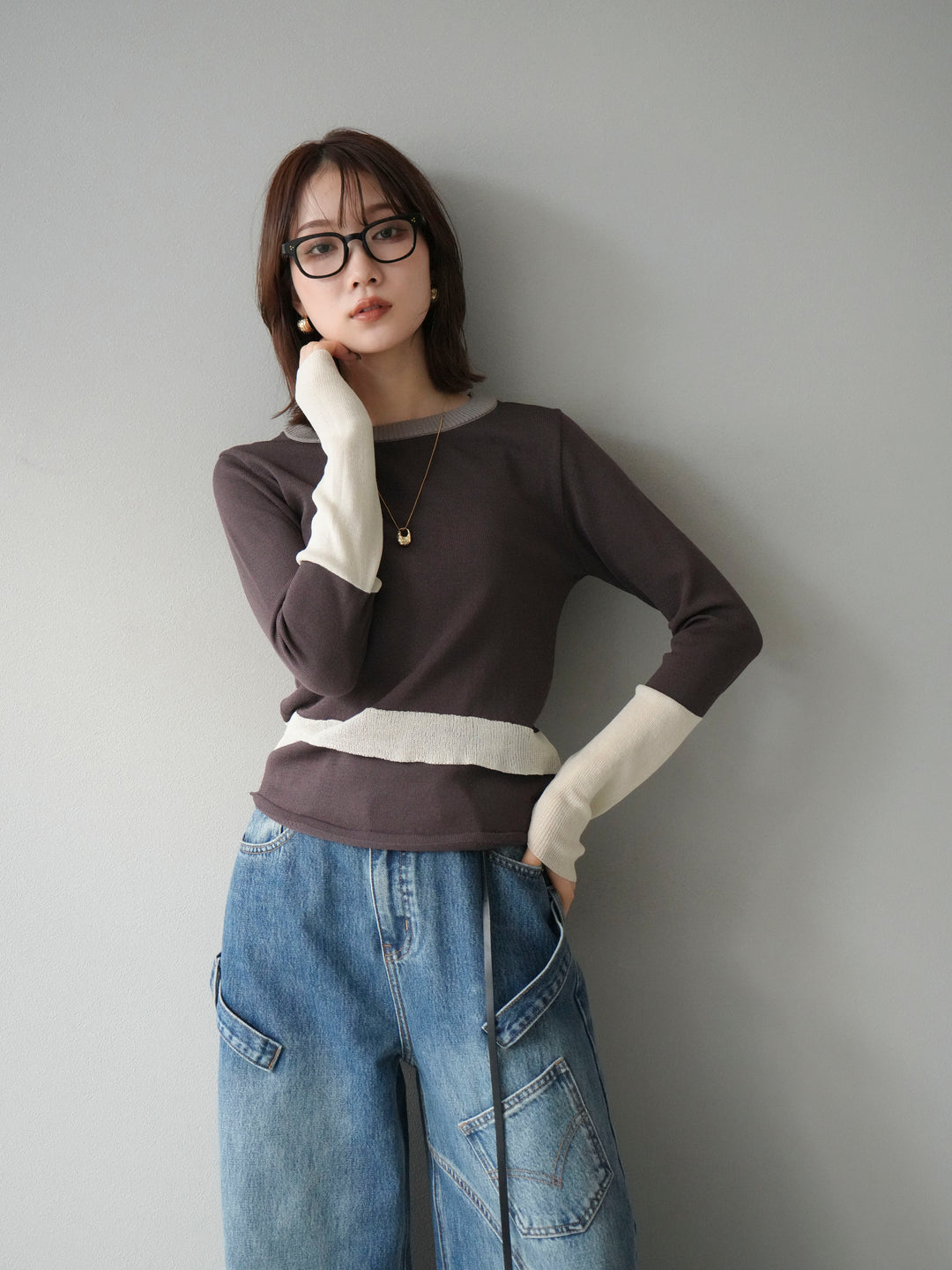 [予約]異素材配色デザインニットトップス/ブラウン