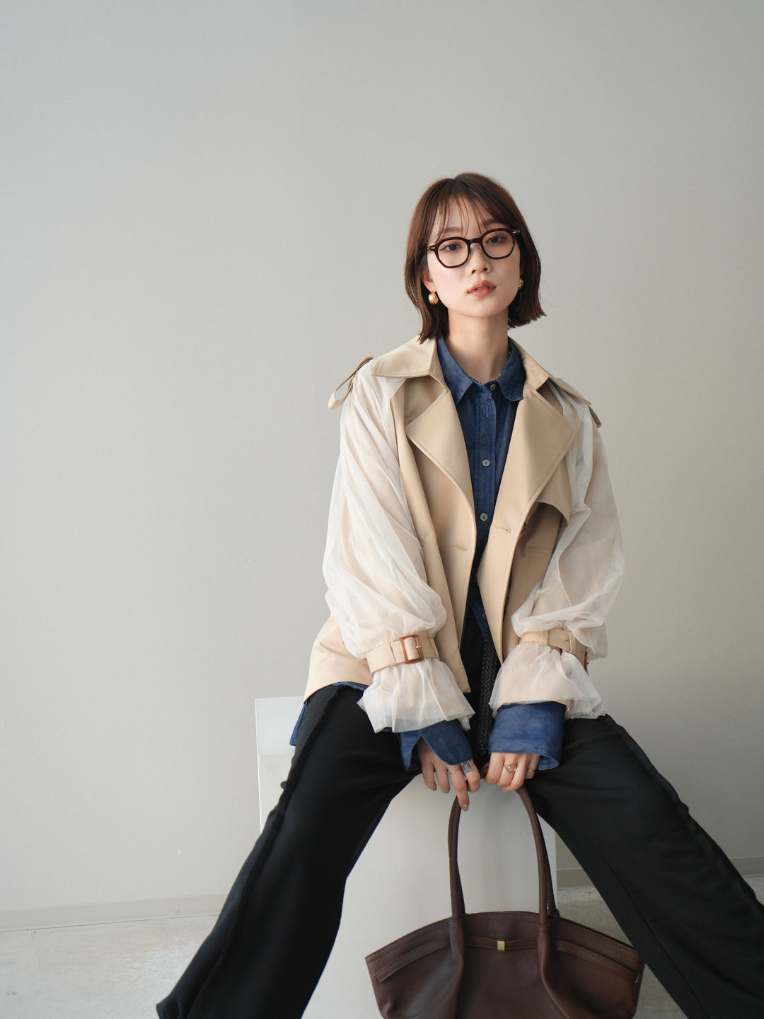 【預購】薄紗層疊蓬鬆袖短風衣/米色