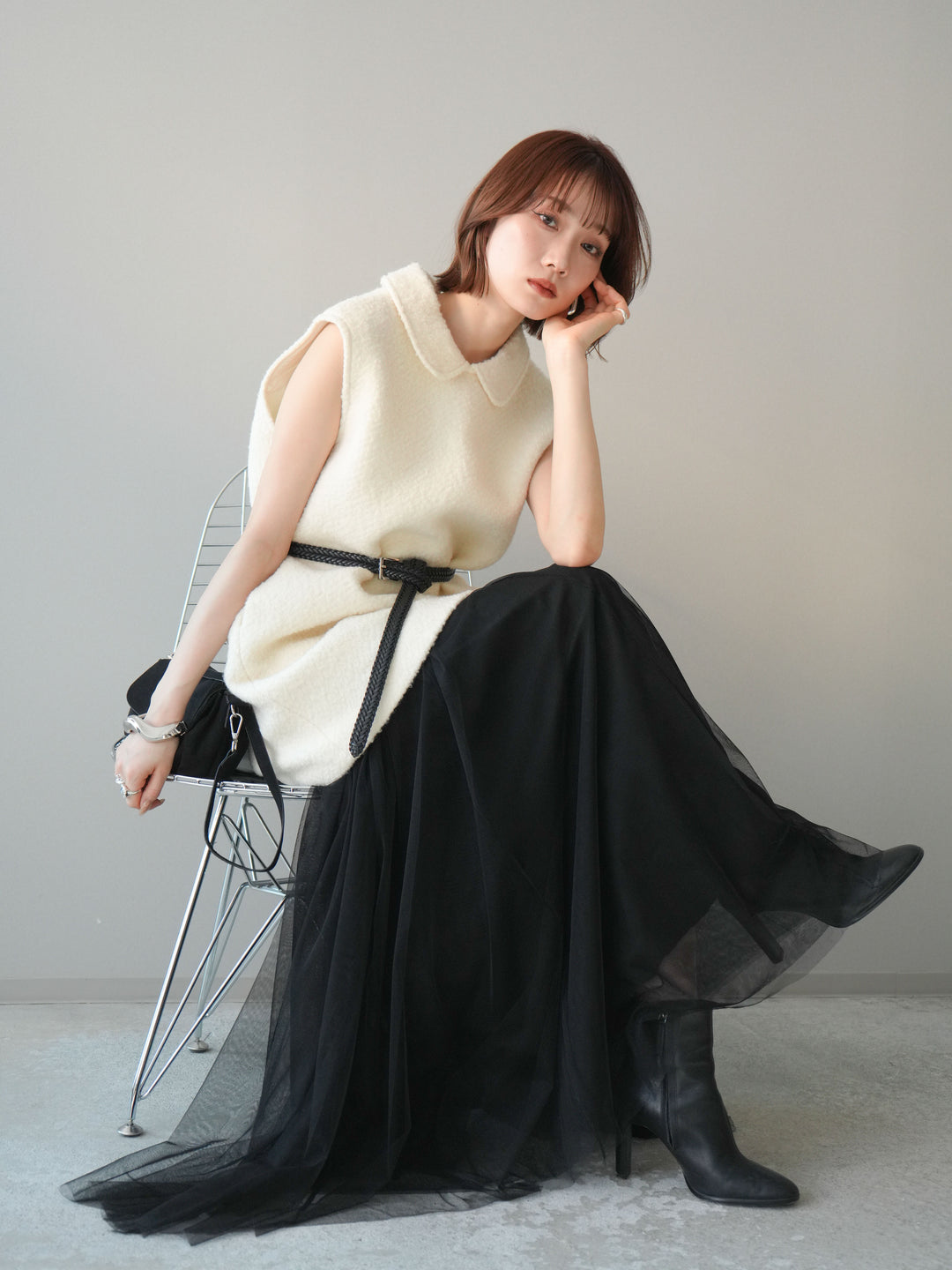 [予約]襟付きブークレミニワンピース/offwhite