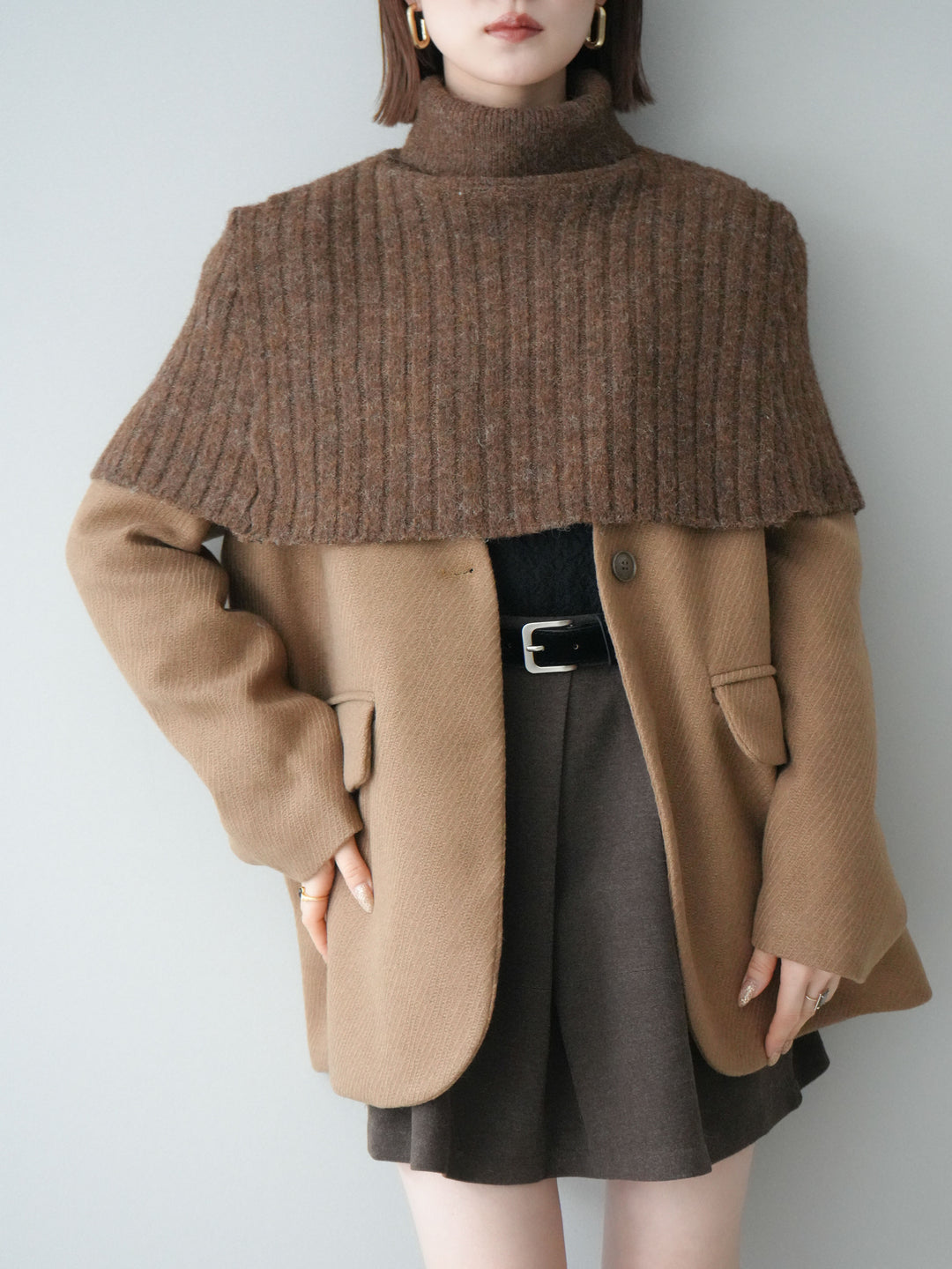 [20%オフ]ケープ付ノーカラージャケット/brown