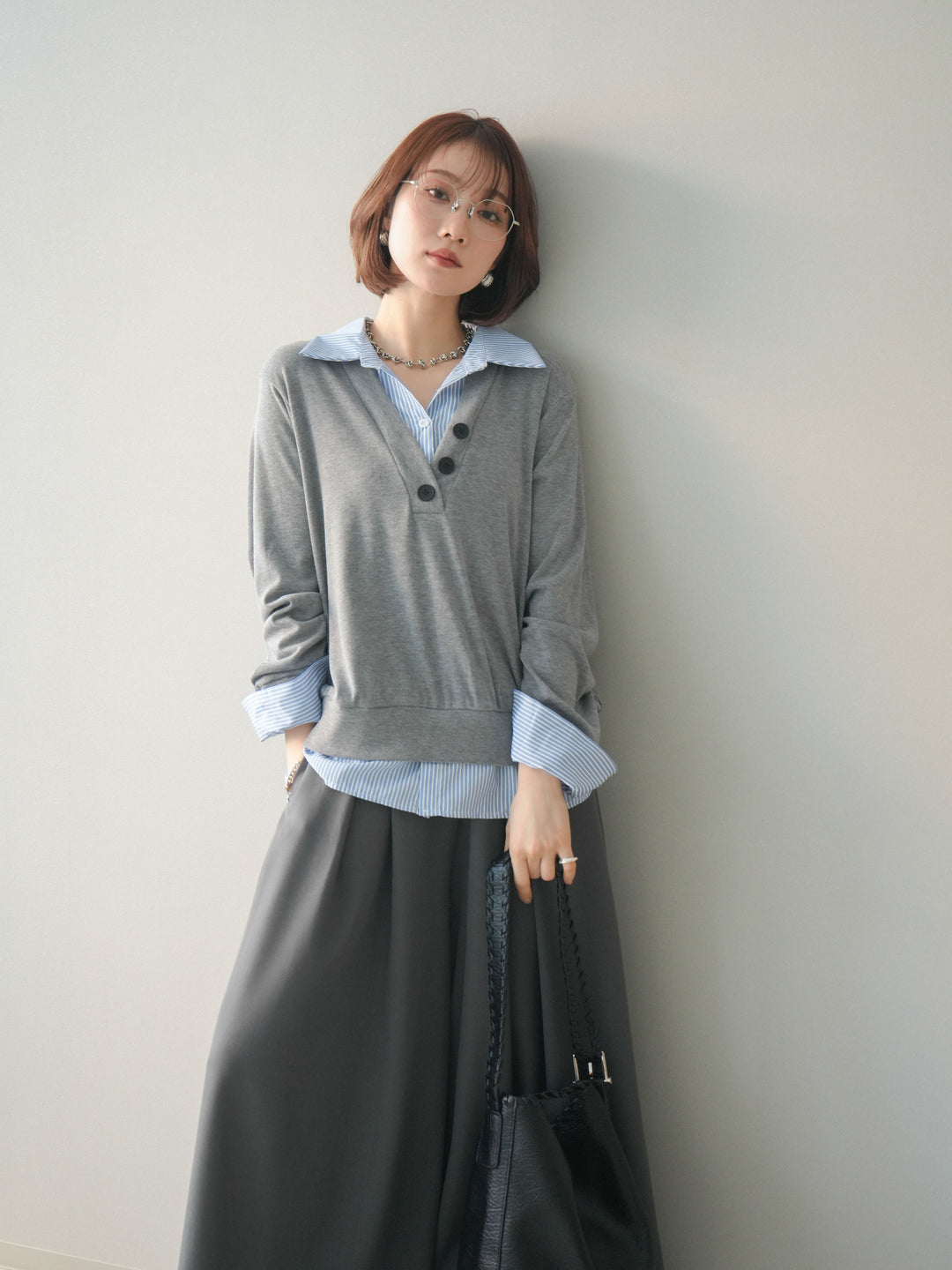 [予約]シャツレイヤードデザインカットプルオーバー/lightgray