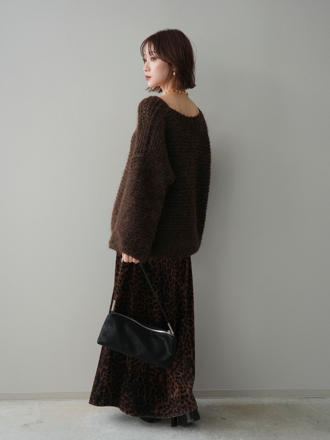 [SET]ワッフル編みシャギーニットプルオーバー+レオパードベロアナロースカート(2set)