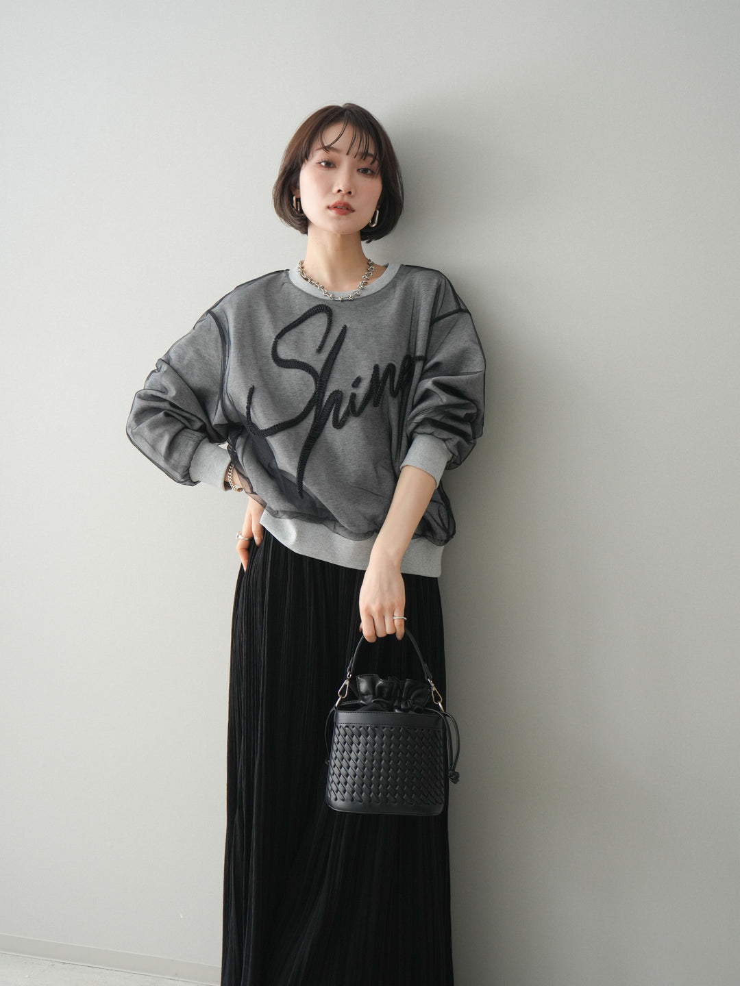 [予約]チュールレイヤードロゴスエットプルオーバー/gray