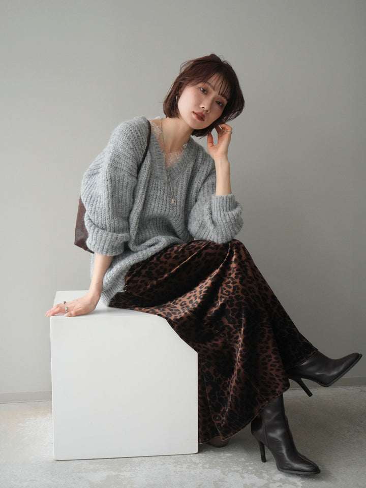 [SET]Vネックレースニットプルオーバー+レオパードベロアナロースカート(2set)