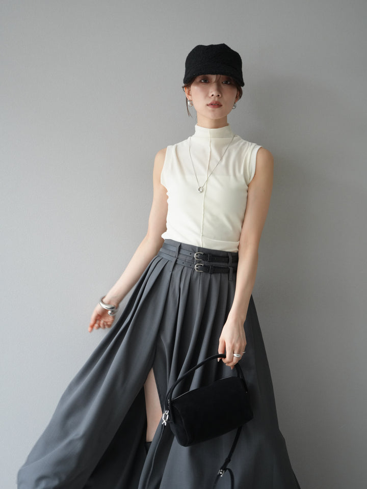 [SET]シアーベロアプチネックノースリーブトップス+エステルプリーツスリットスカート(2set)