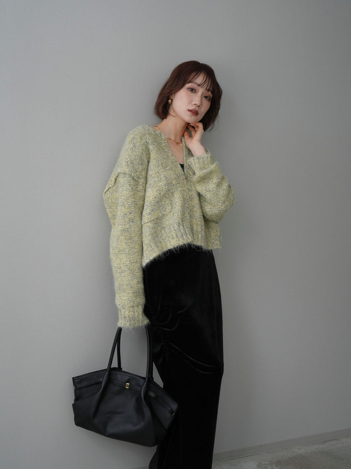 [SET]ミックスヤーンダブルZIPニットカーディガン+ギャザーベロアスカート(2set)