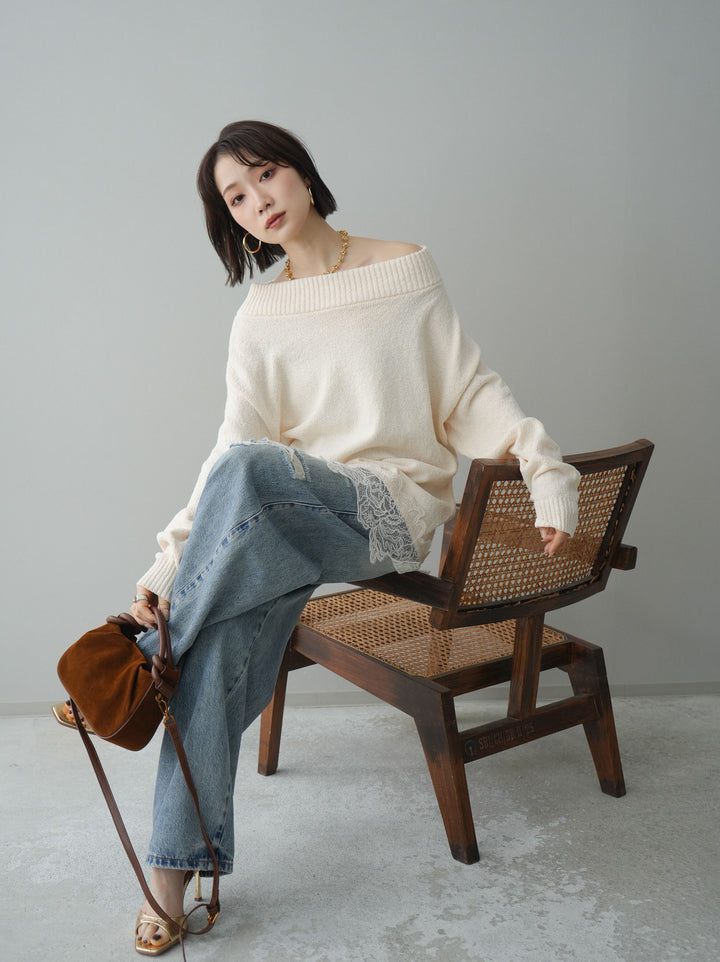 [予約]アシンメトリーレースヘムニットプルオーバー/ivory
