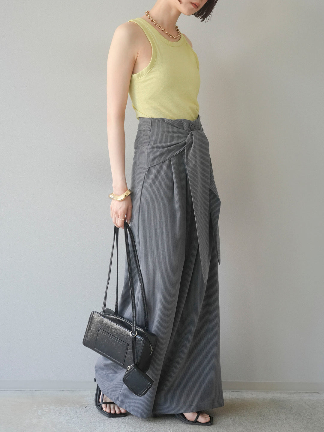 【預購】條紋裹腰寬褲/灰色