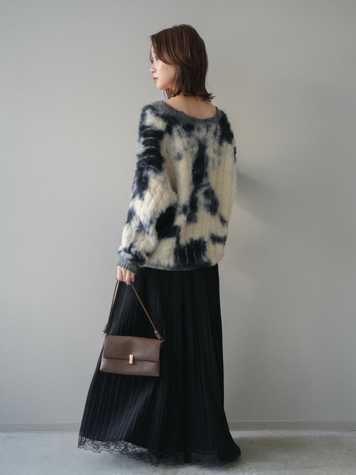 [SET]ニュアンス柄シャギーニットカーディガン+裾レーススウェードプリーツマキシスカート(2set)