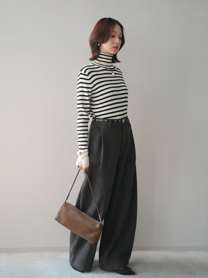 [SET]袖配色ハイネックボーダーリブニットトップス+ベルト付き裏起毛ワイドパンツ(2set)