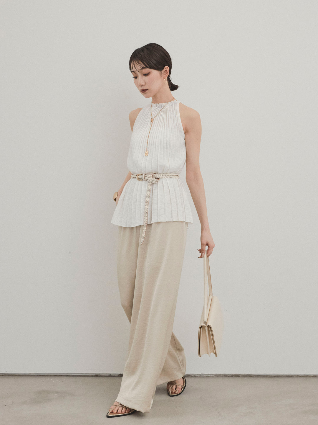 [SET]プリーツニットキャミソール+サテンイージーパンツ(2set)