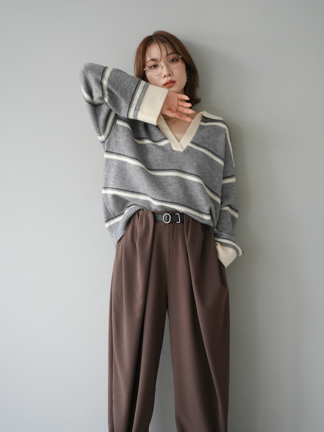 [予約]ポロ襟スキッパーボーダーニットプルオーバー/グレー