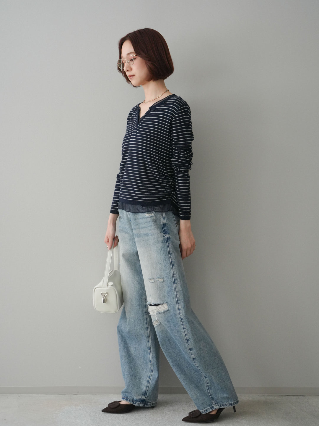 [SET]チュールレイヤードデザインボーダーニットトップス+ダメージデニムセミワイドパンツ(2set)