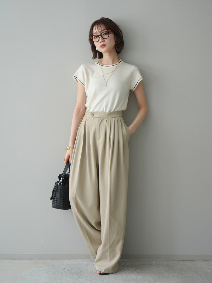 [SET]配色ハーフスリーブニットトップス+メニータックワイドパンツ(2set)