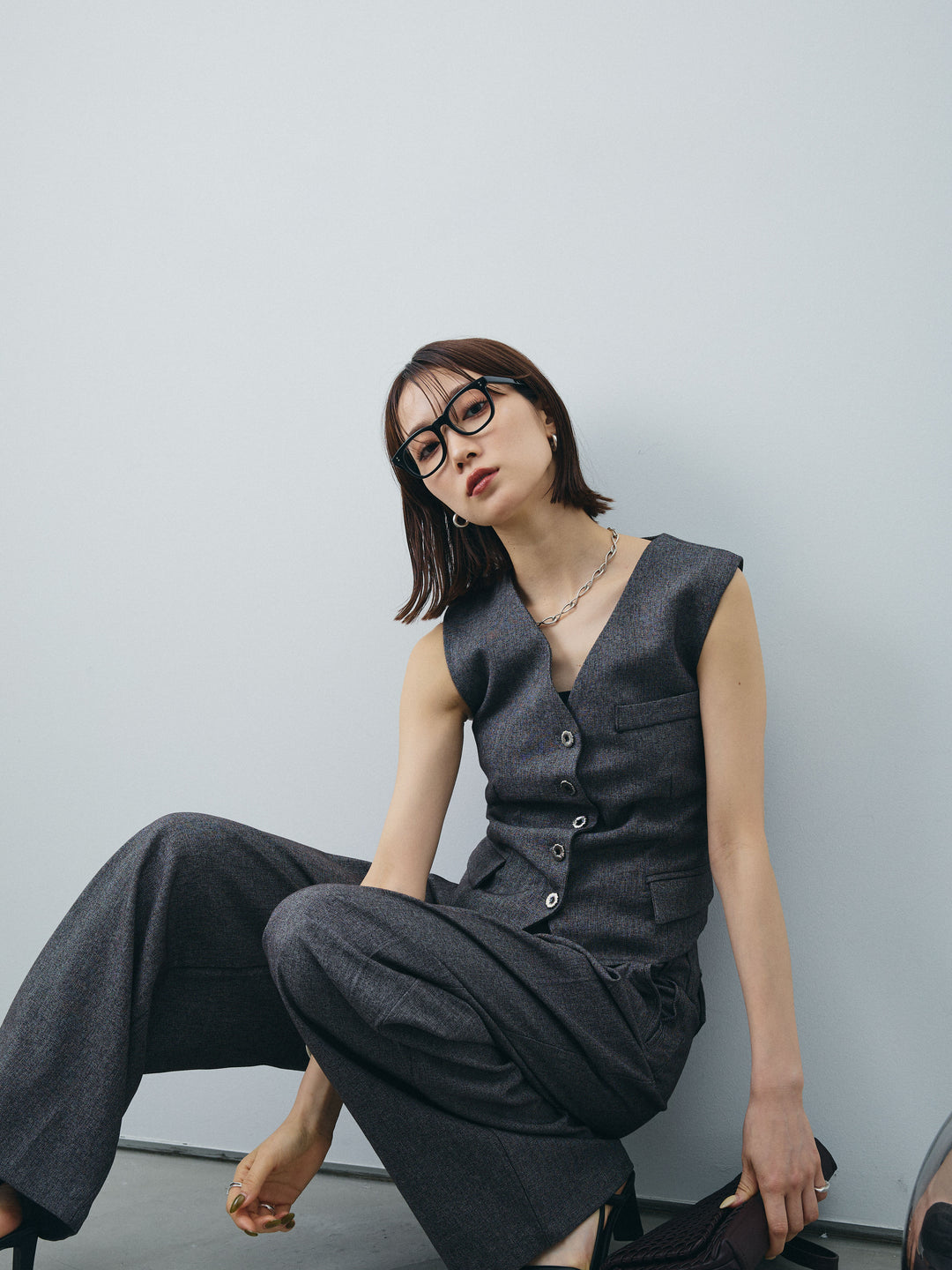 [SET]フラワーモチーフレースアップジレ＆ベルト付ワイドパンツSET UP(2set)