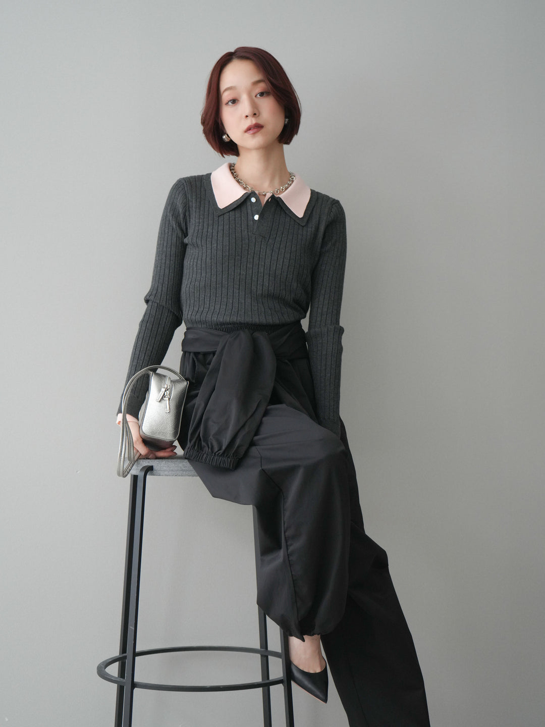 [SET]ダブル襟ポロリブニットトップス+選べるアクセセット(2set)