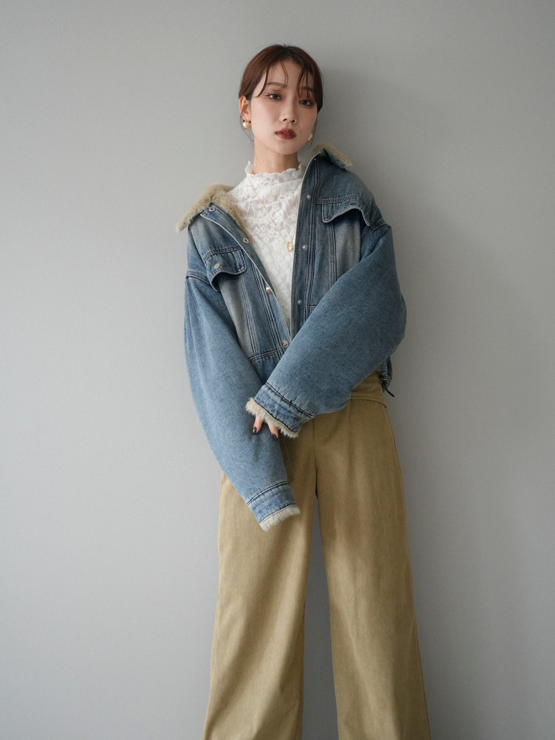 [予約]デニム×ファーステンカラーショートジャケット/lightblue