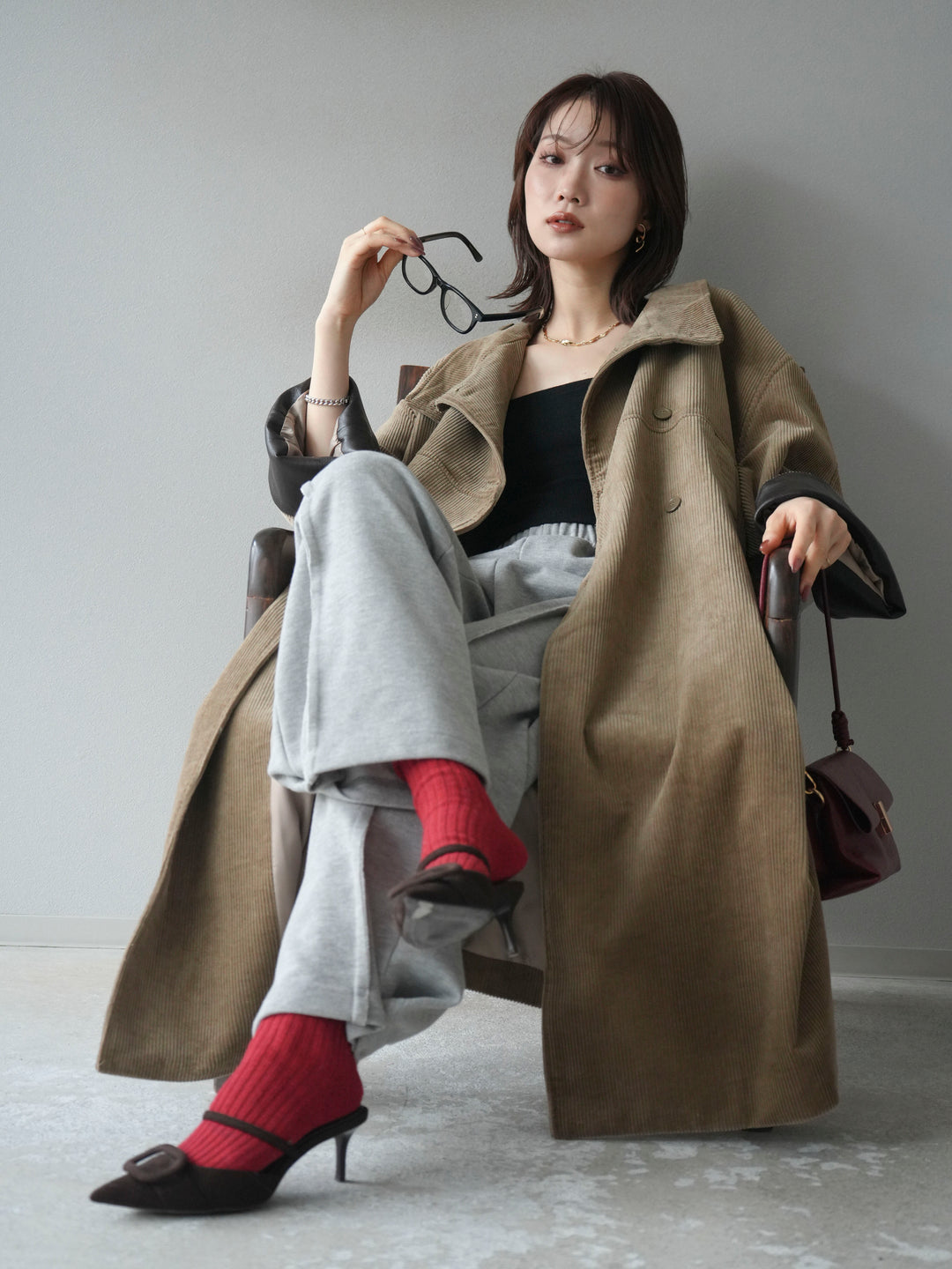 [予約]コーデュロイ折り返しレザーロングコート/beige