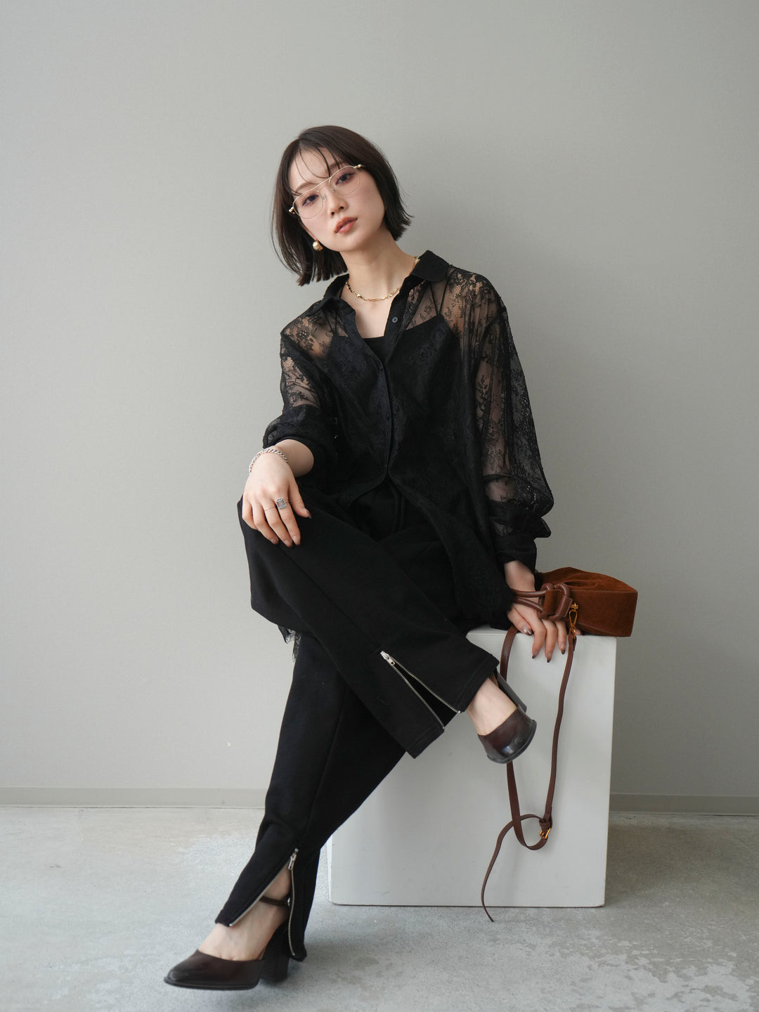 [予約]総レースボリュームスリーブシャツ/black